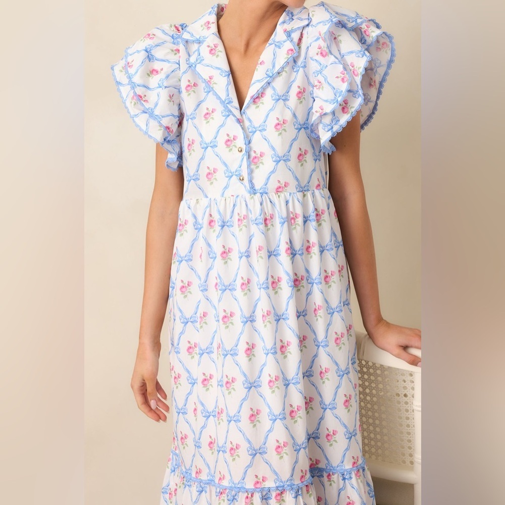 entro White Dress with Blue Bow Lattice and Pink Floral Print
